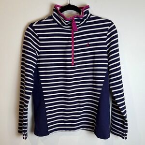Joules Navy White Stripe 1/4 Zip Fleece Pullover Top Pink Trim Kids Size M US 8